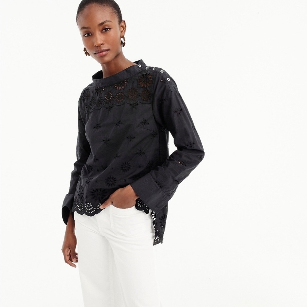 J. Crew Funnelneck Black Eyelet Long Sleeve Top